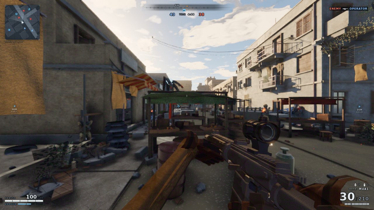 Enemy soldiers taking cover among market stalls during a firefight