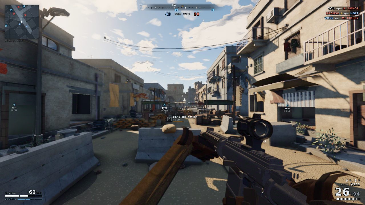 The full combat HUD with minimap, compass, killfeed, objective markers, health and ammunition