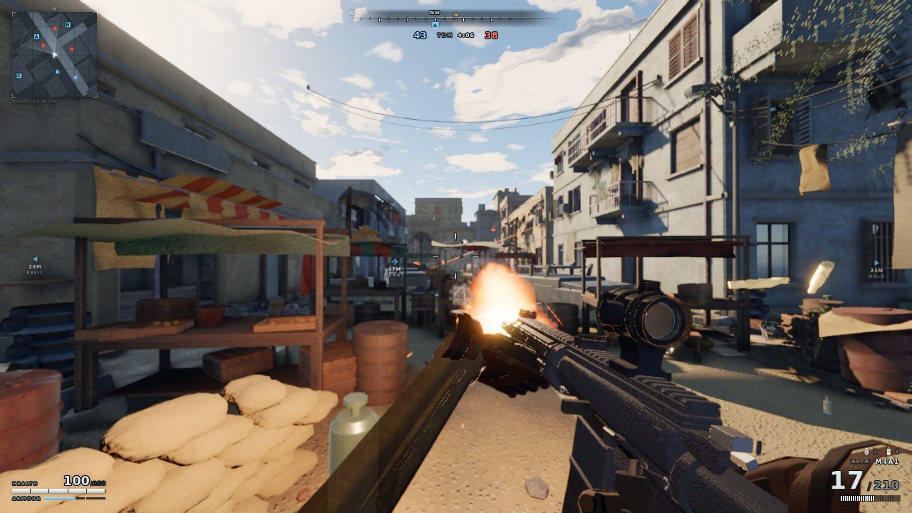 Mid-recoil muzzle flash lighting the weapon and the street, with a spent case in the air
